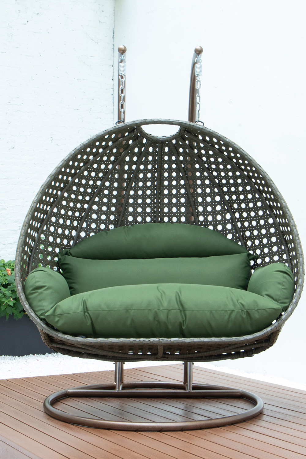 LeisureMod Modern Beige Wicker Hanging Double Seater Egg Swing Chair - Dark Green