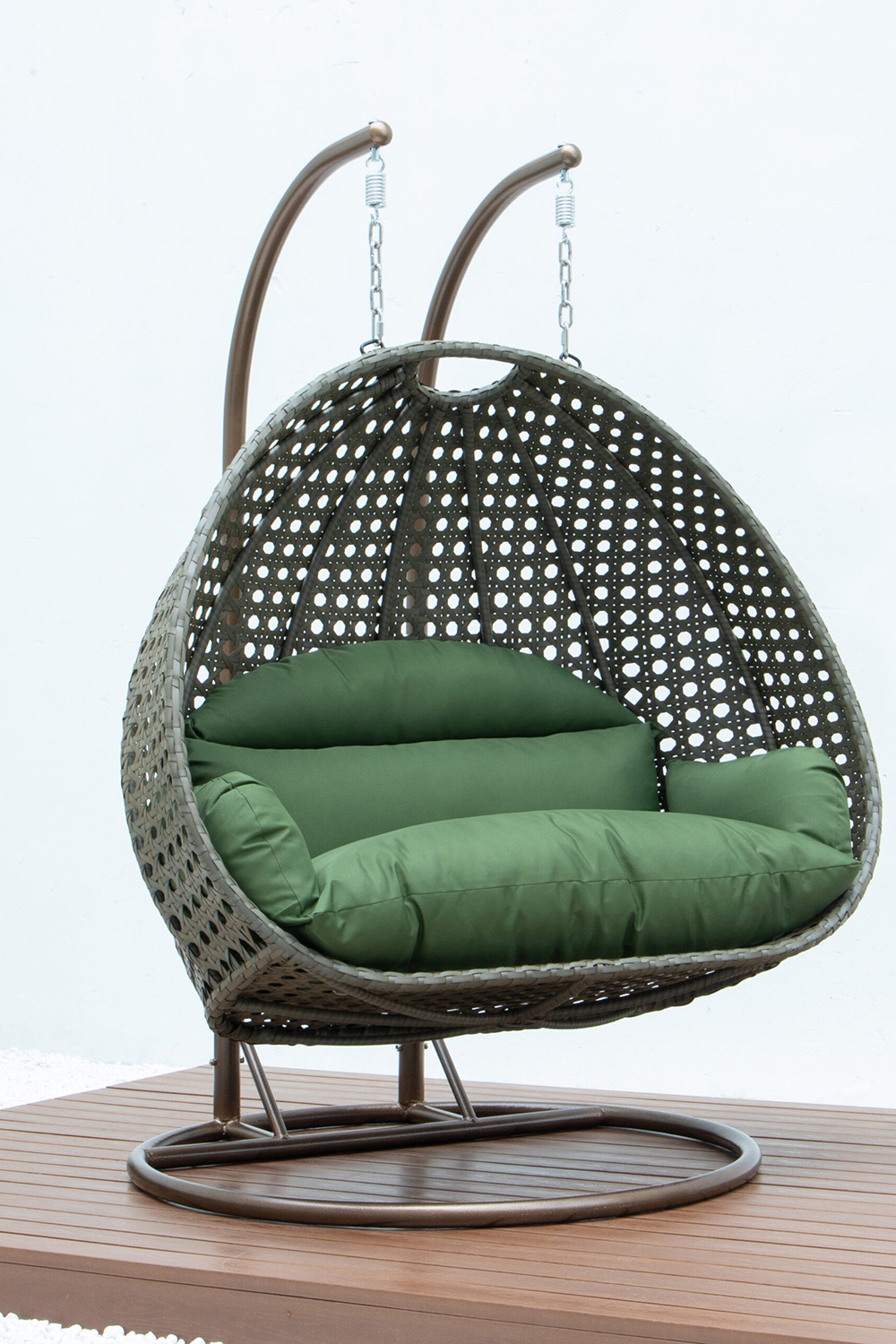 LeisureMod Modern Beige Wicker Hanging Double Seater Egg Swing Chair - Dark Green