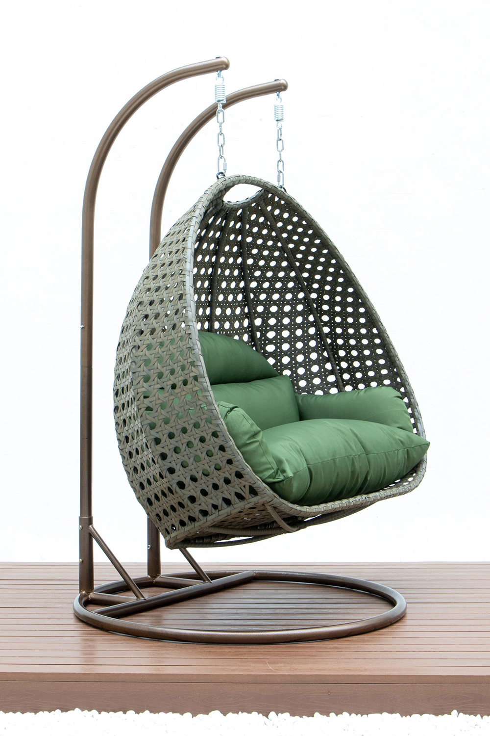 LeisureMod Modern Beige Wicker Hanging Double Seater Egg Swing Chair - Dark Green