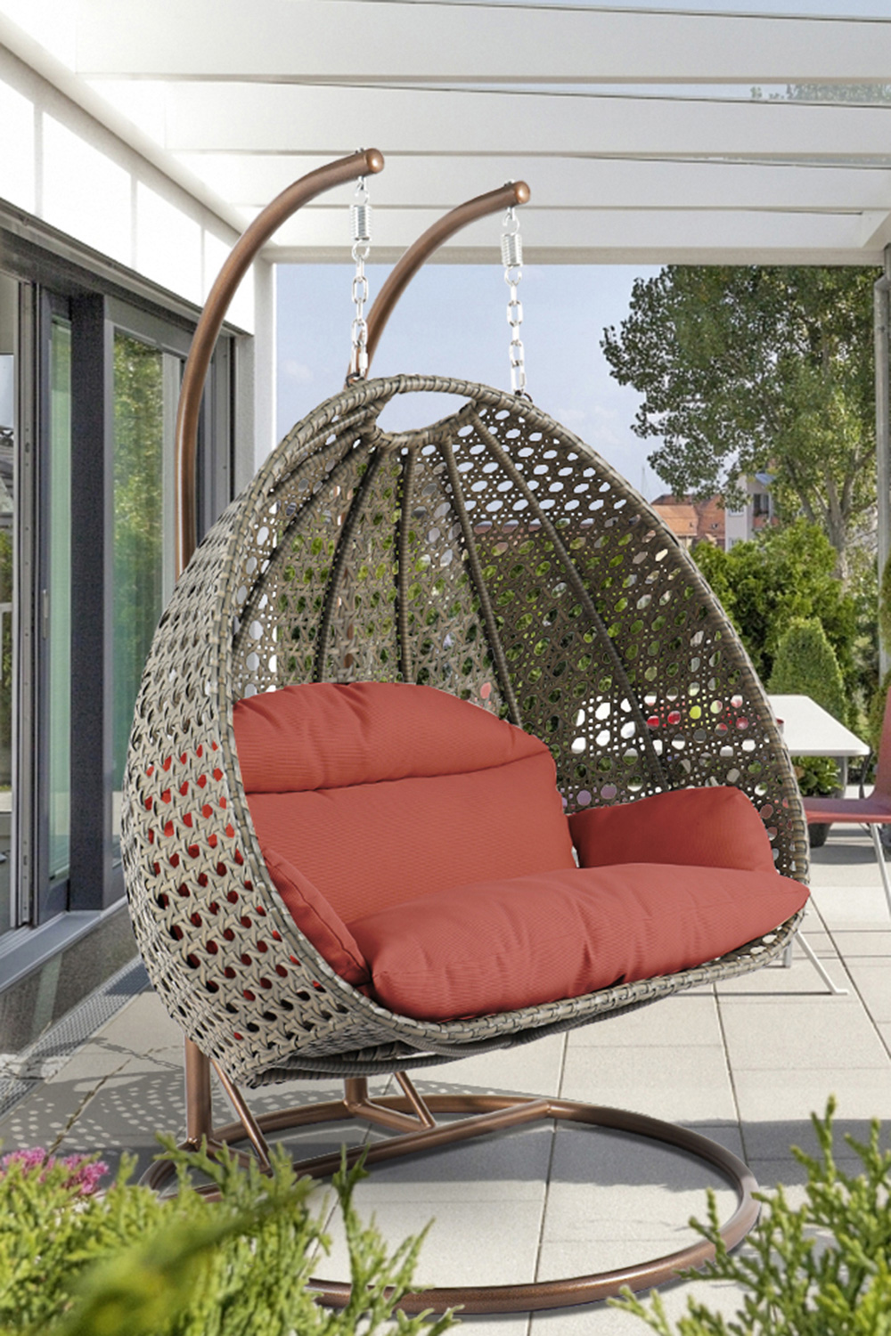 LeisureMod Modern Beige Wicker Hanging Double Seater Egg Swing Chair - Dark Orange