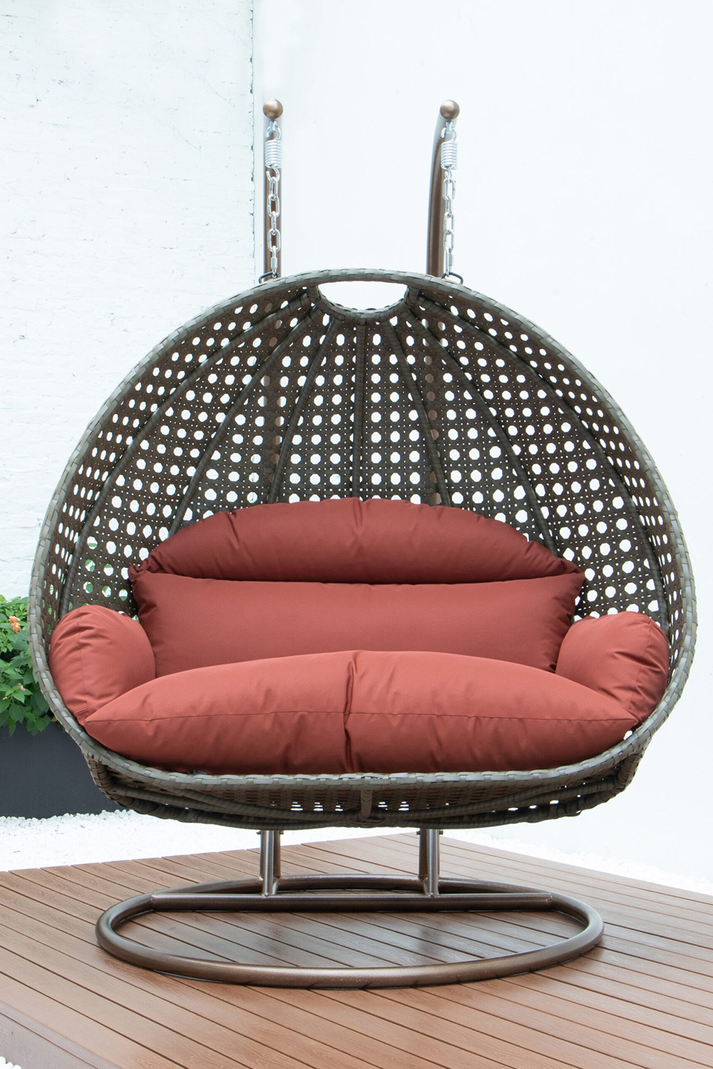 LeisureMod Modern Beige Wicker Hanging Double Seater Egg Swing Chair - Dark Orange