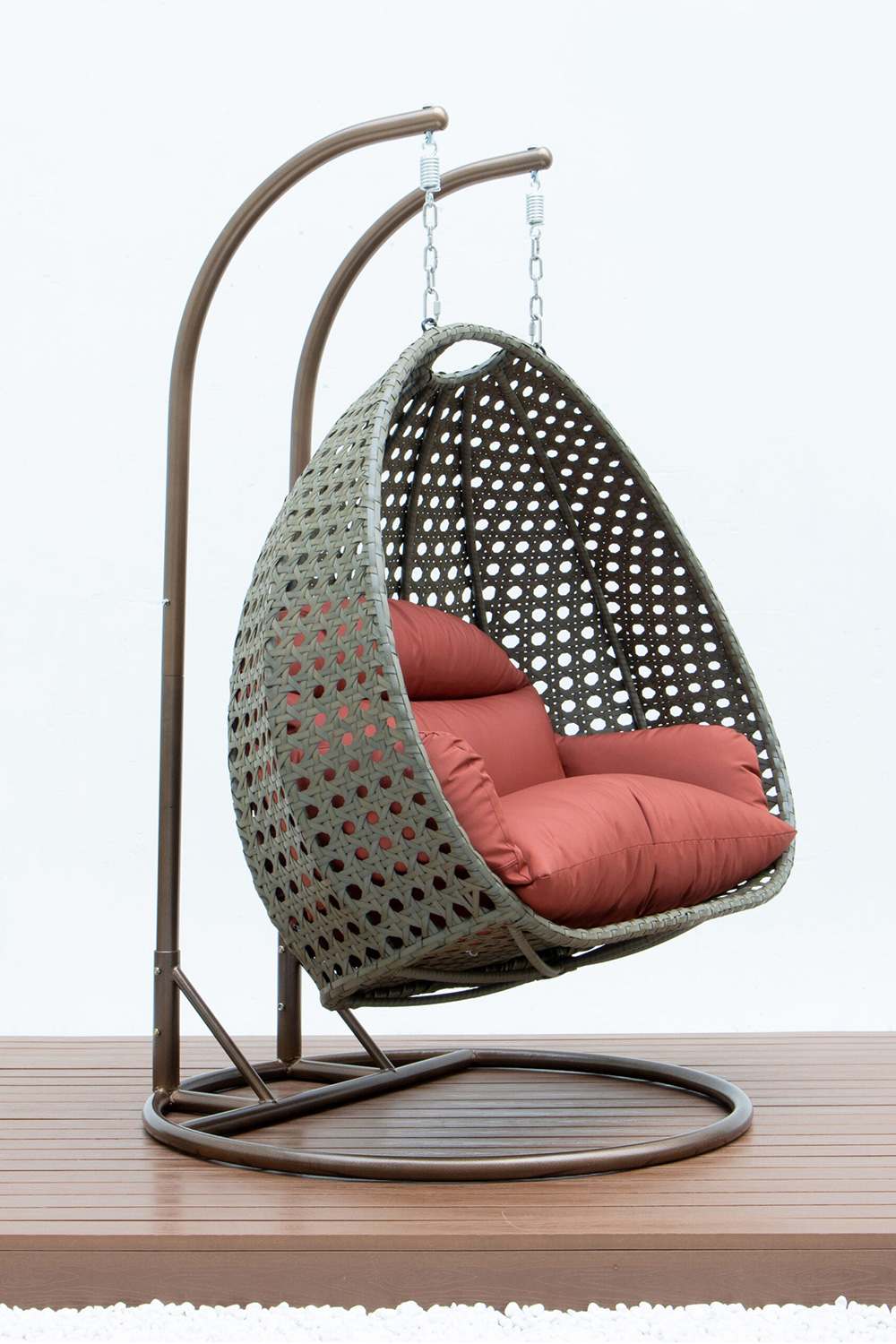 LeisureMod Modern Beige Wicker Hanging Double Seater Egg Swing Chair - Dark Orange