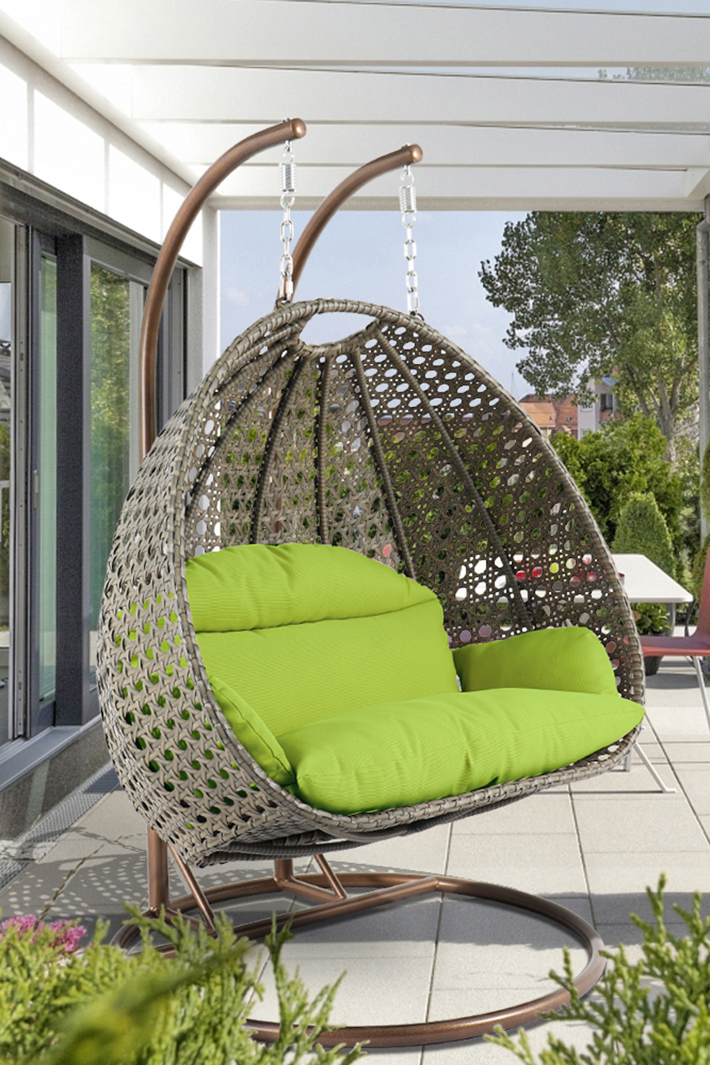 LeisureMod Modern Beige Wicker Hanging Double Seater Egg Swing Chair - Light Green