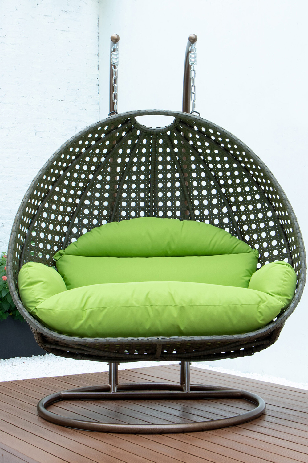 LeisureMod Modern Beige Wicker Hanging Double Seater Egg Swing Chair - Light Green