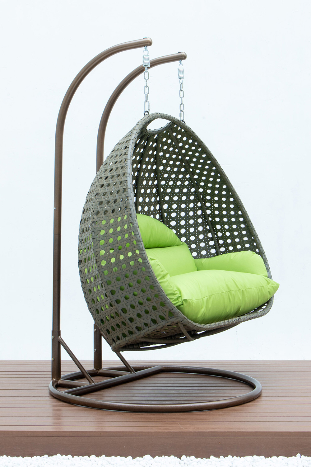 LeisureMod Modern Beige Wicker Hanging Double Seater Egg Swing Chair - Light Green