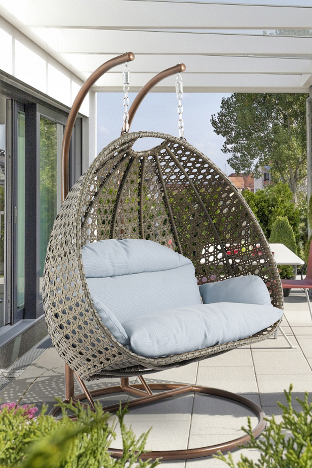 LeisureMod Modern Beige Wicker Hanging Double Seater Egg Swing Chair - Light Gray