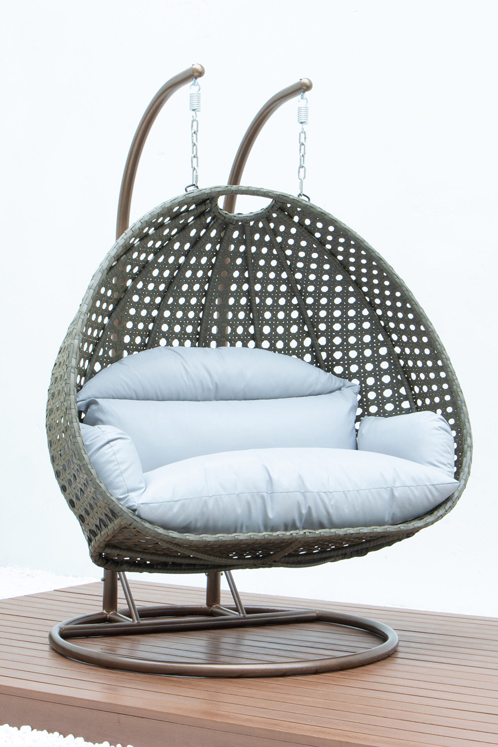 LeisureMod Modern Beige Wicker Hanging Double Seater Egg Swing Chair - Light Gray