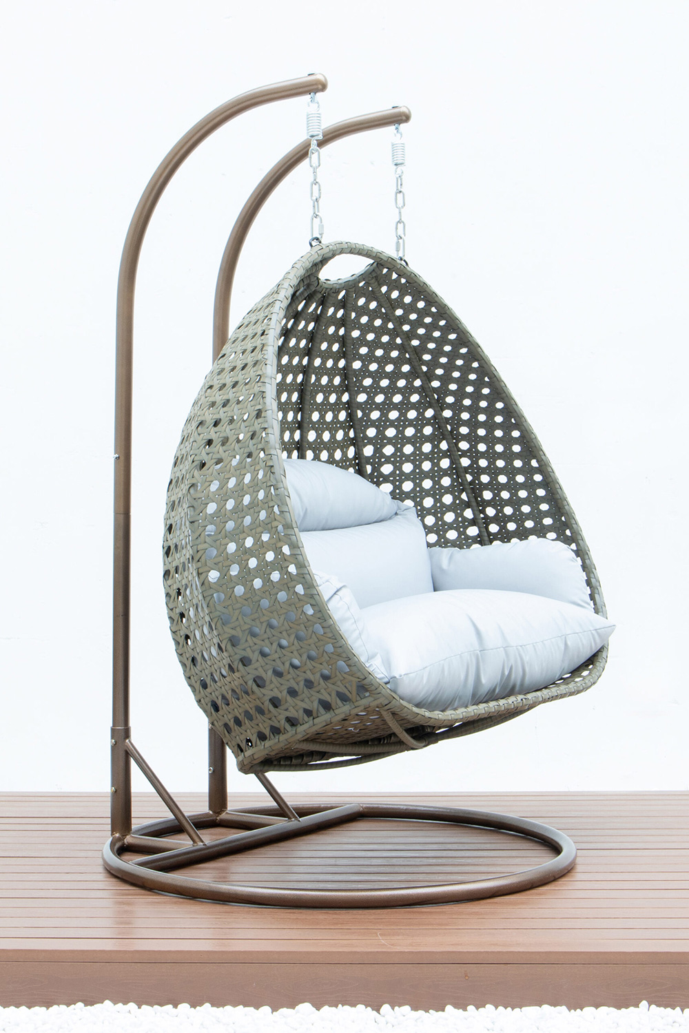 LeisureMod Modern Beige Wicker Hanging Double Seater Egg Swing Chair - Light Gray