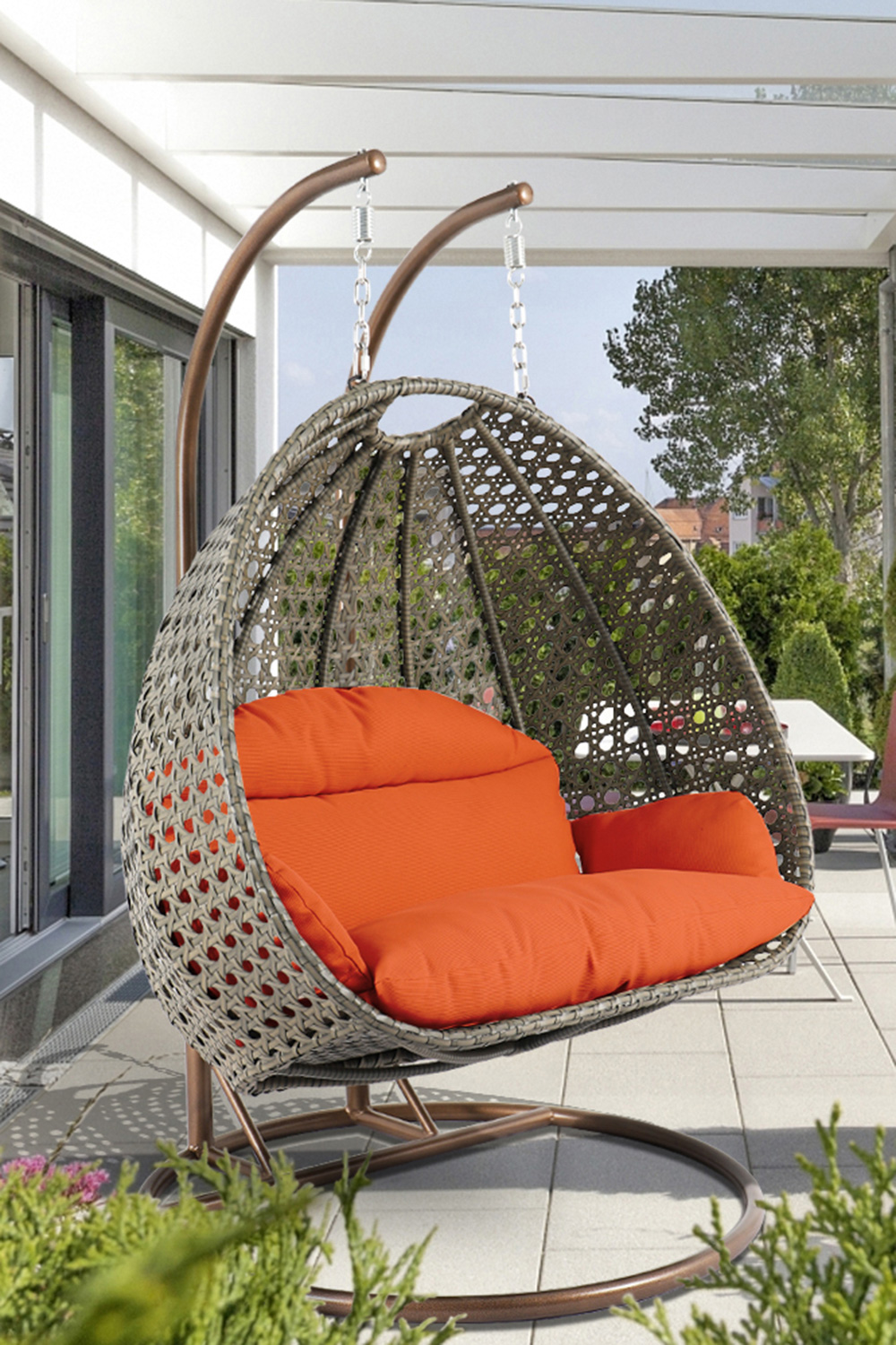 LeisureMod Modern Beige Wicker Hanging Double Seater Egg Swing Chair - Orange