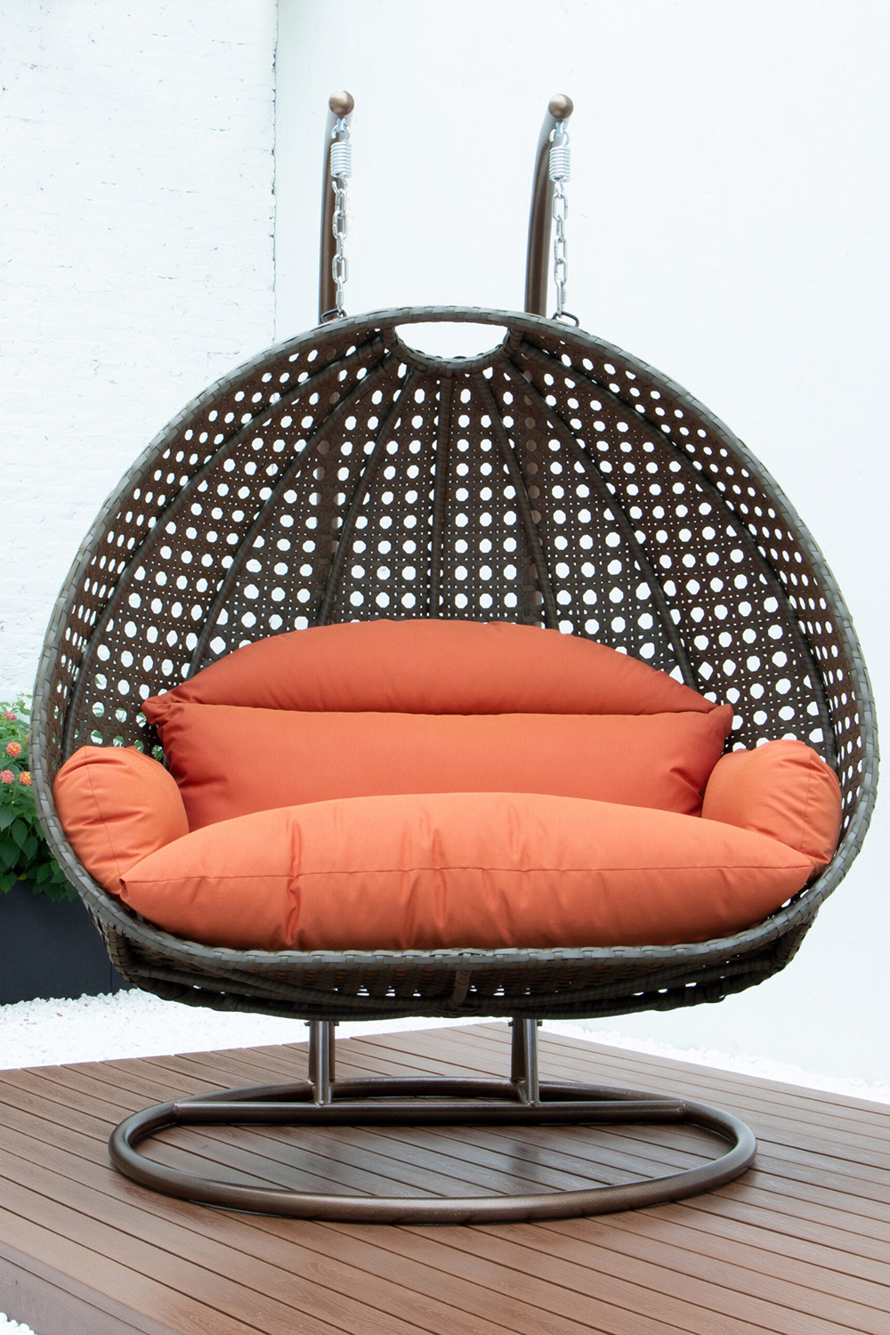 LeisureMod Modern Beige Wicker Hanging Double Seater Egg Swing Chair - Orange