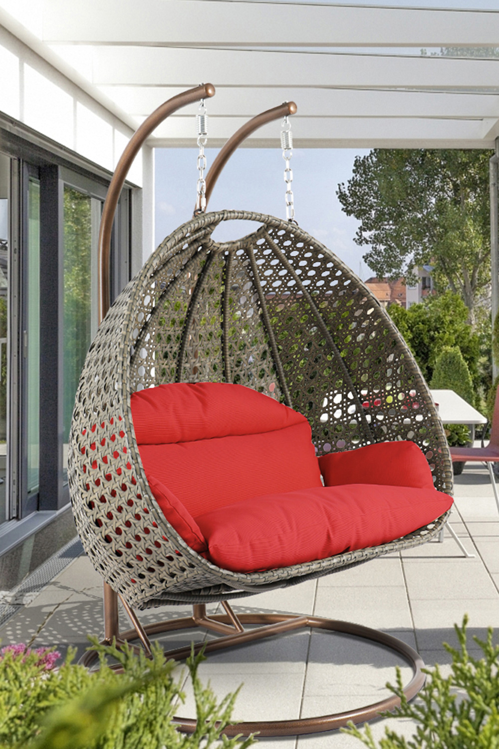 LeisureMod Modern Beige Wicker Hanging Double Seater Egg Swing Chair - Red