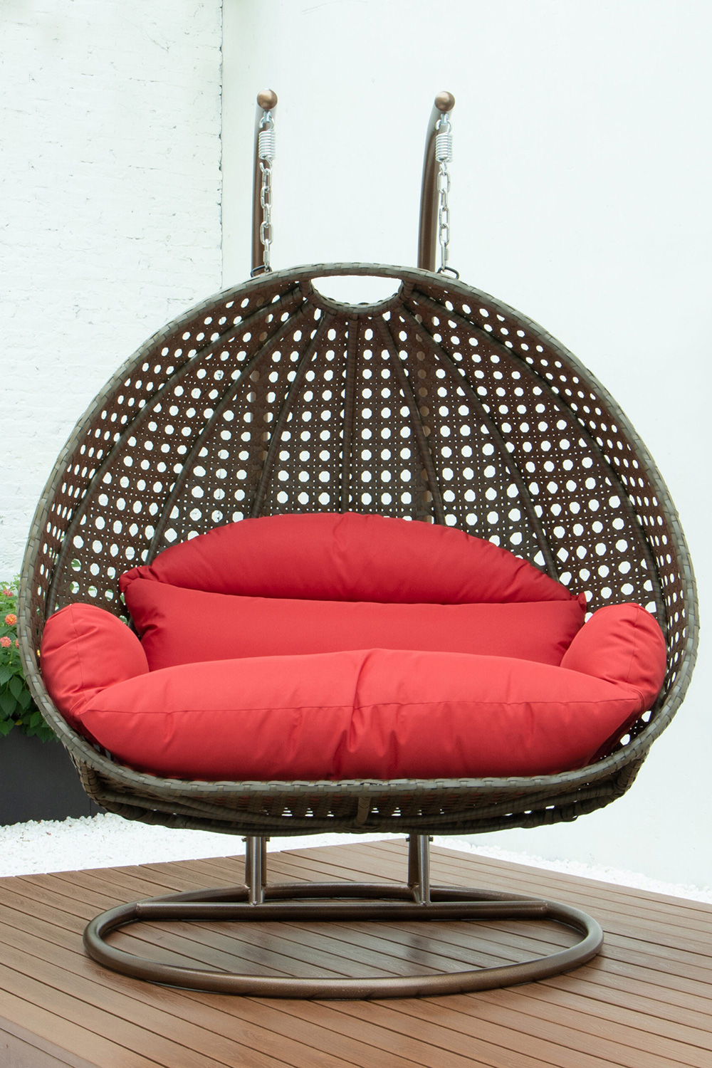 LeisureMod Modern Beige Wicker Hanging Double Seater Egg Swing Chair - Red