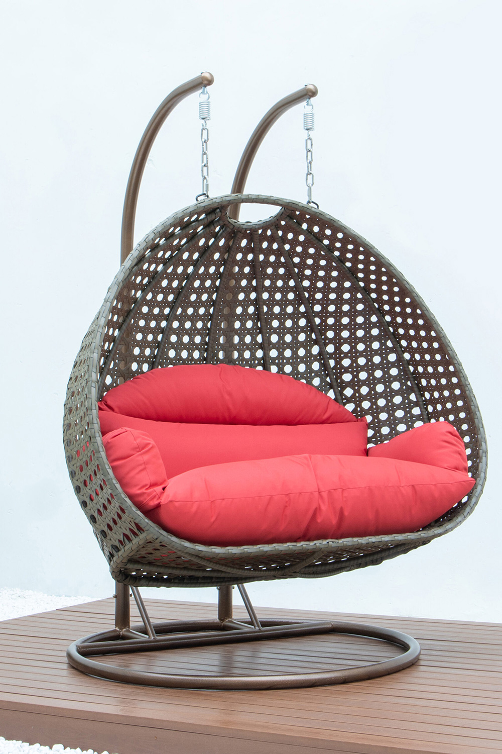 LeisureMod Modern Beige Wicker Hanging Double Seater Egg Swing Chair - Red