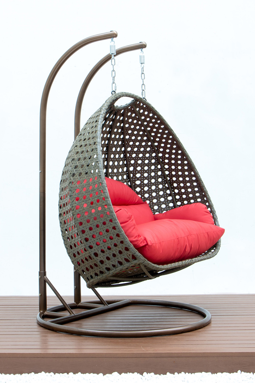 LeisureMod Modern Beige Wicker Hanging Double Seater Egg Swing Chair - Red