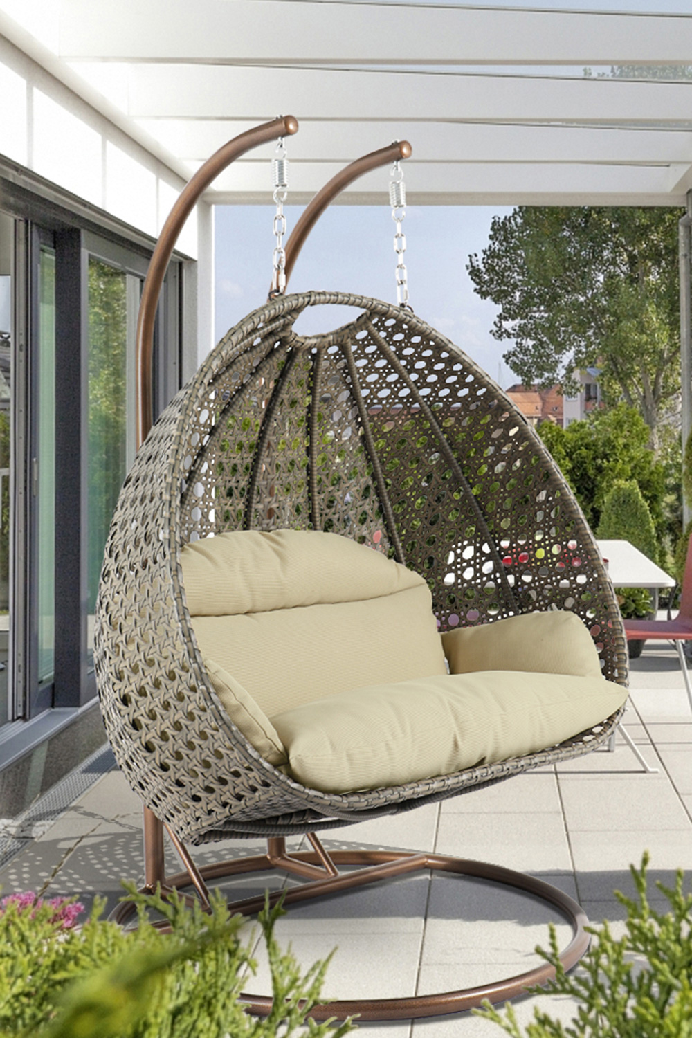 LeisureMod Modern Beige Wicker Hanging Double Seater Egg Swing Chair - Taupe