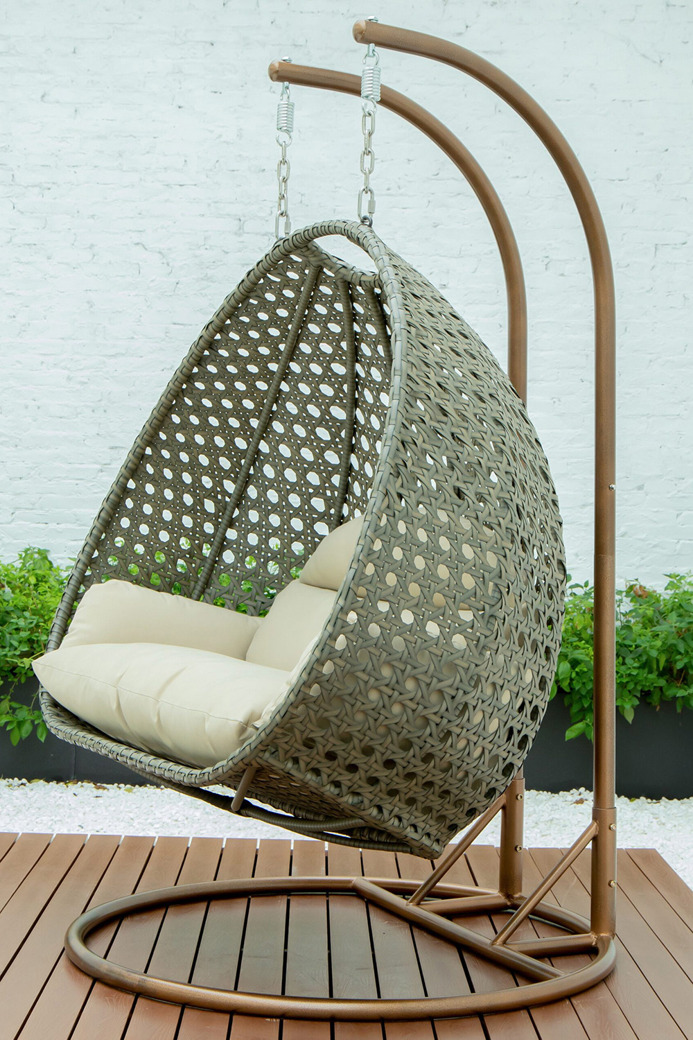 LeisureMod Modern Beige Wicker Hanging Double Seater Egg Swing Chair - Taupe