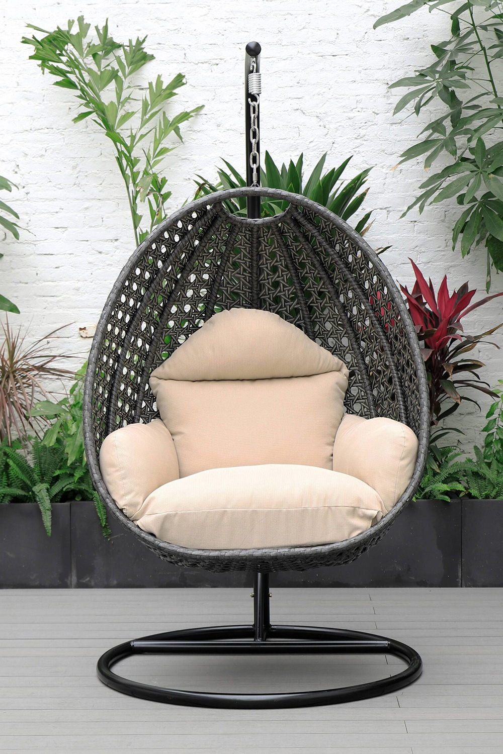 LeisureMod Charcoal Wicker Hanging Single Egg Swing Chair with Cushions - Beige