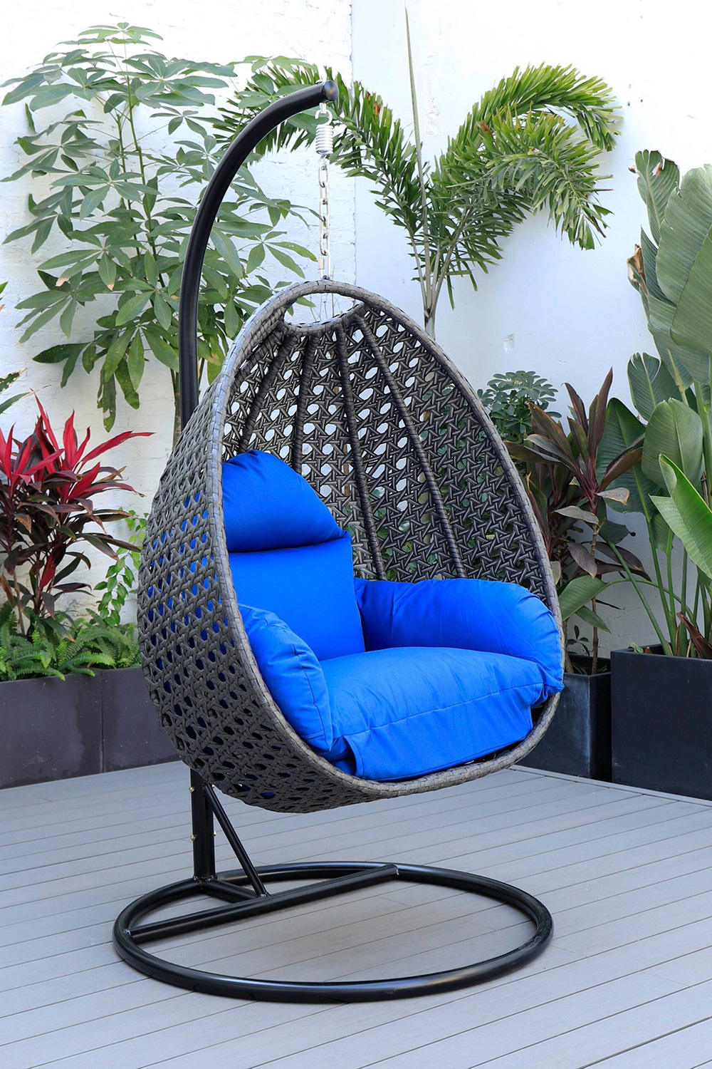 LeisureMod Charcoal Wicker Hanging Single Egg Swing Chair with Cushions - Blue