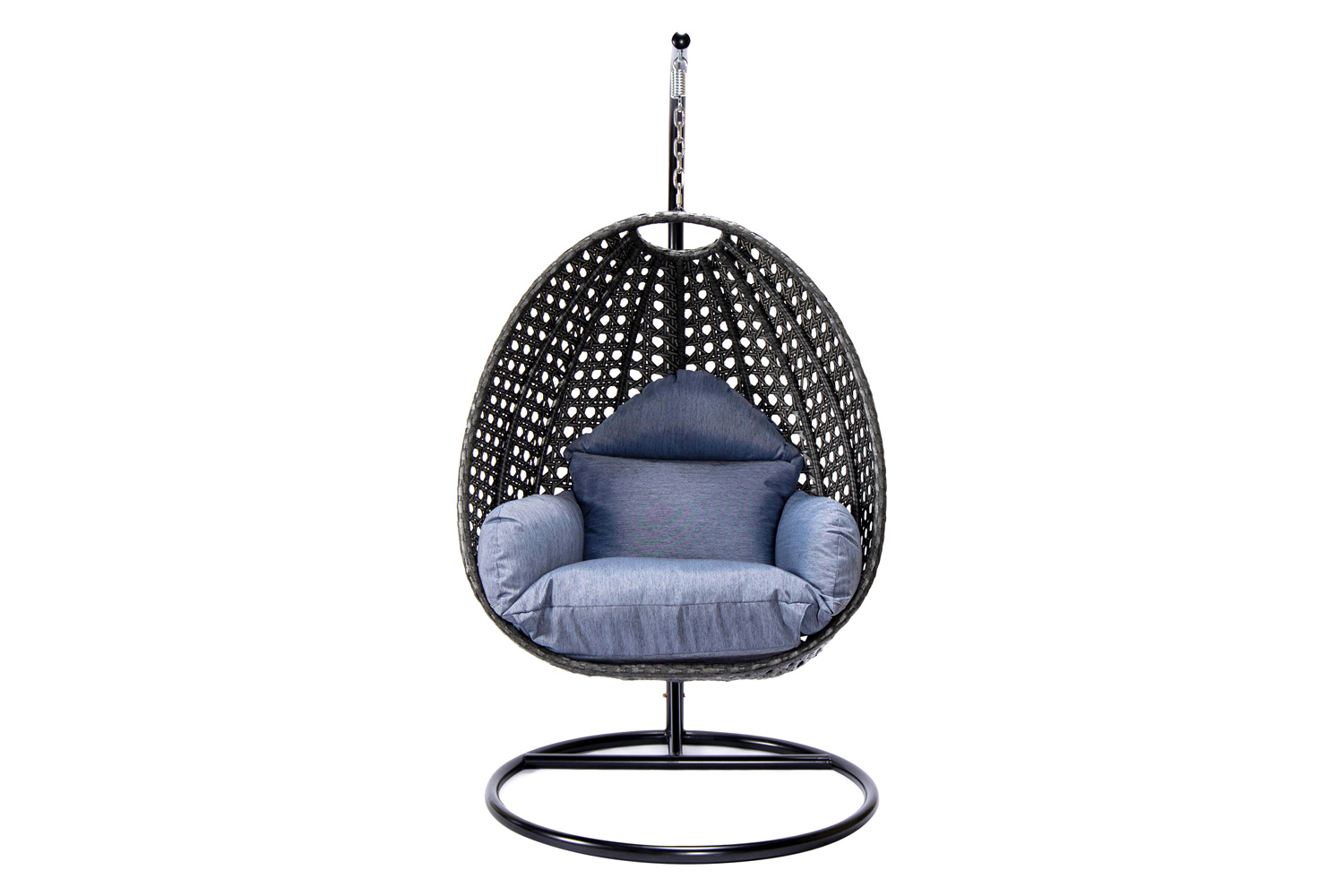 LeisureMod Charcoal Wicker Hanging Single Egg Swing Chair with Cushions - Charcoal/Blue