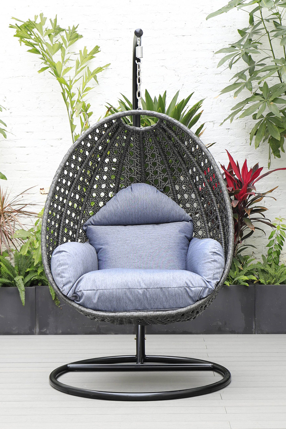 LeisureMod Charcoal Wicker Hanging Single Egg Swing Chair with Cushions - Charcoal/Blue