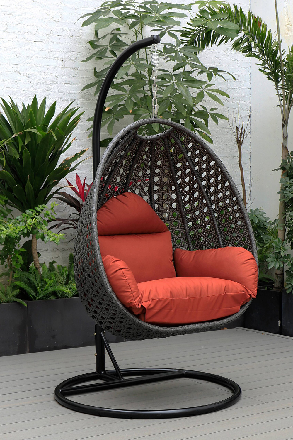 LeisureMod Charcoal Wicker Hanging Single Egg Swing Chair with Cushions - Cherry