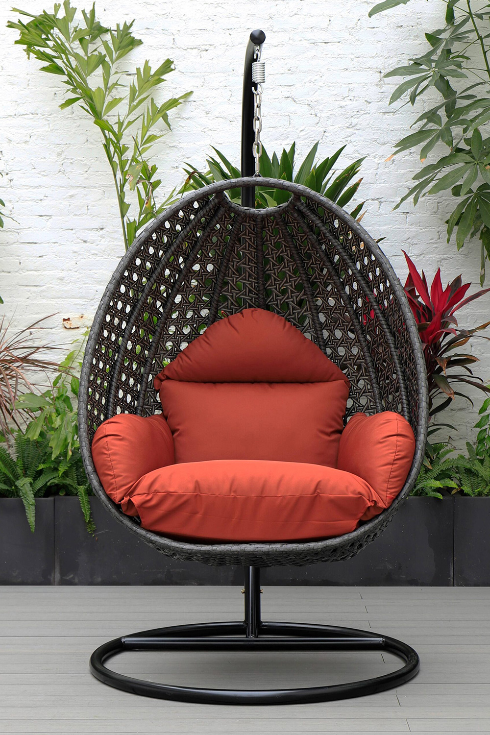 LeisureMod Charcoal Wicker Hanging Single Egg Swing Chair with Cushions - Cherry