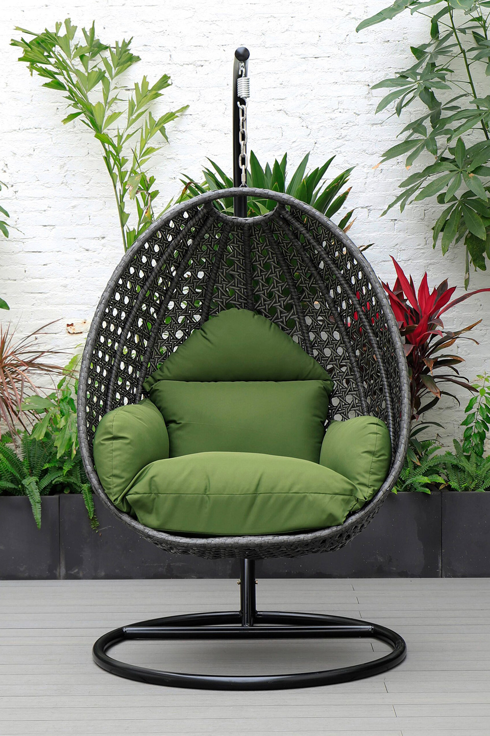 LeisureMod Charcoal Wicker Hanging Single Egg Swing Chair with Cushions - Dark Green