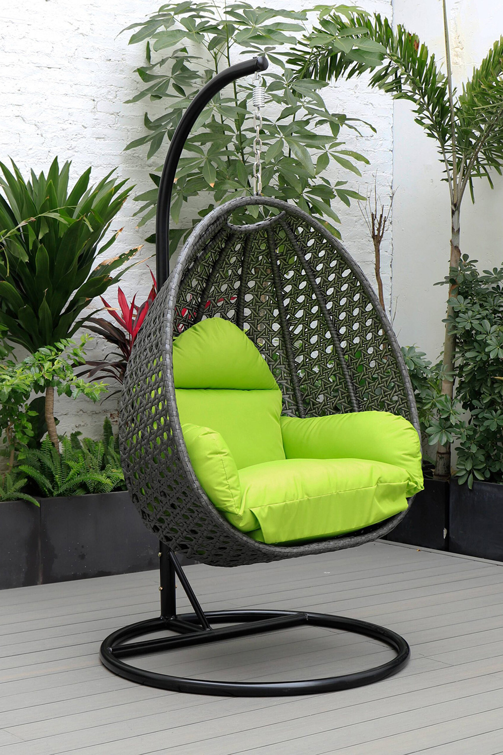 LeisureMod Charcoal Wicker Hanging Single Egg Swing Chair with Cushions - Light Green