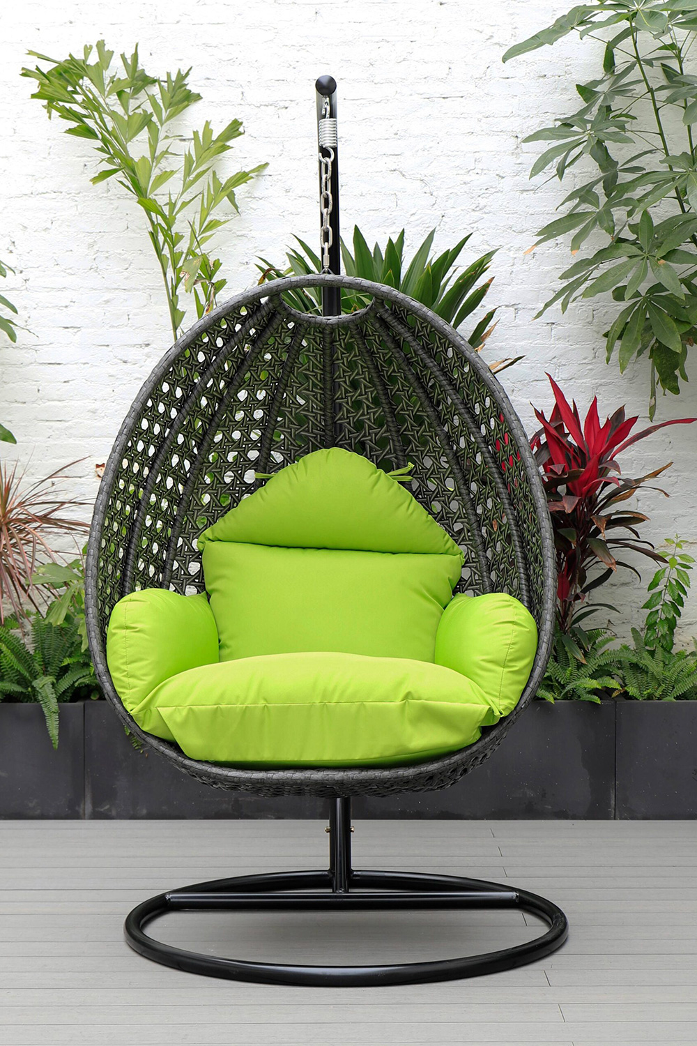 LeisureMod Charcoal Wicker Hanging Single Egg Swing Chair with Cushions - Light Green