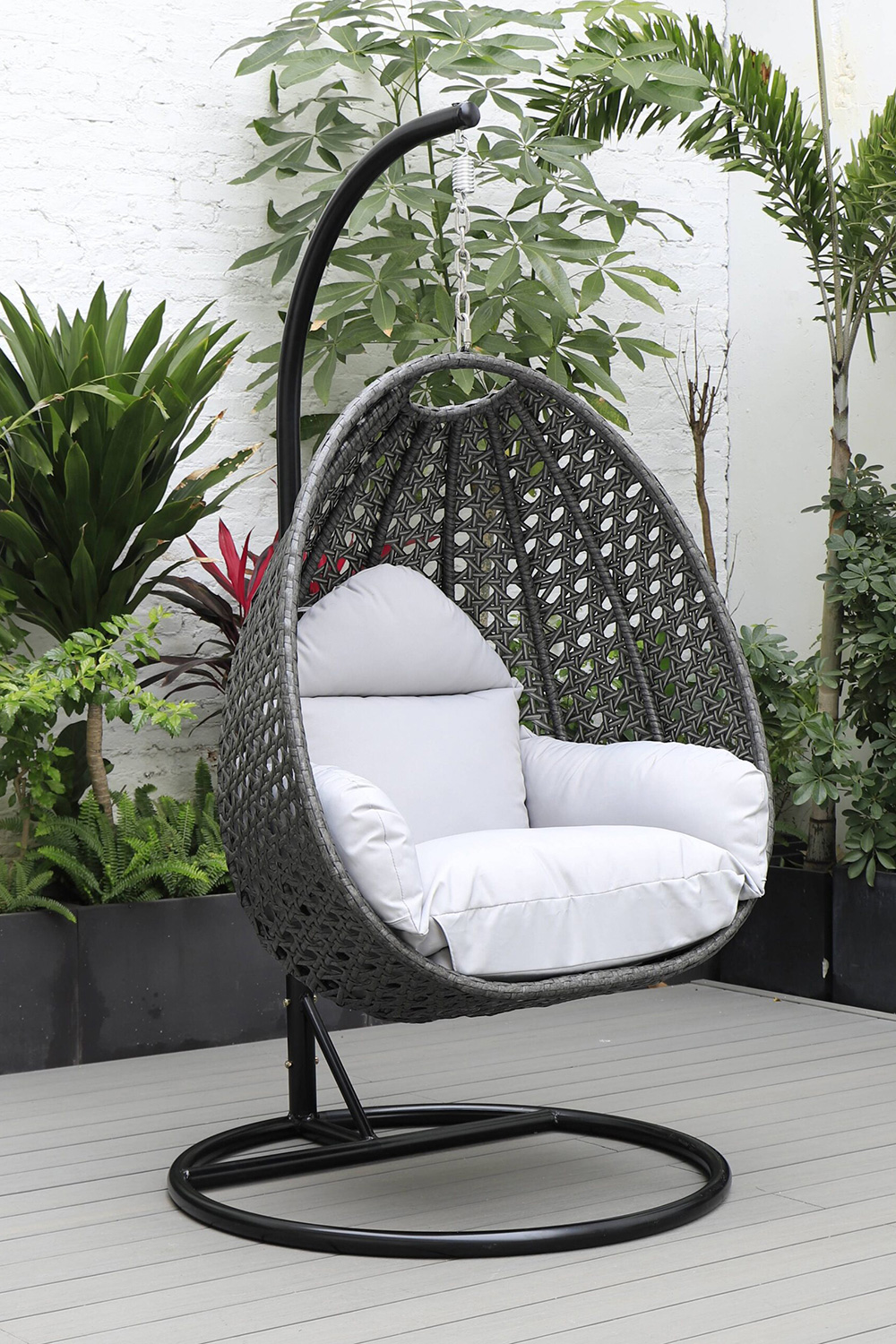 LeisureMod Charcoal Wicker Hanging Single Egg Swing Chair with Cushions - Light Gray