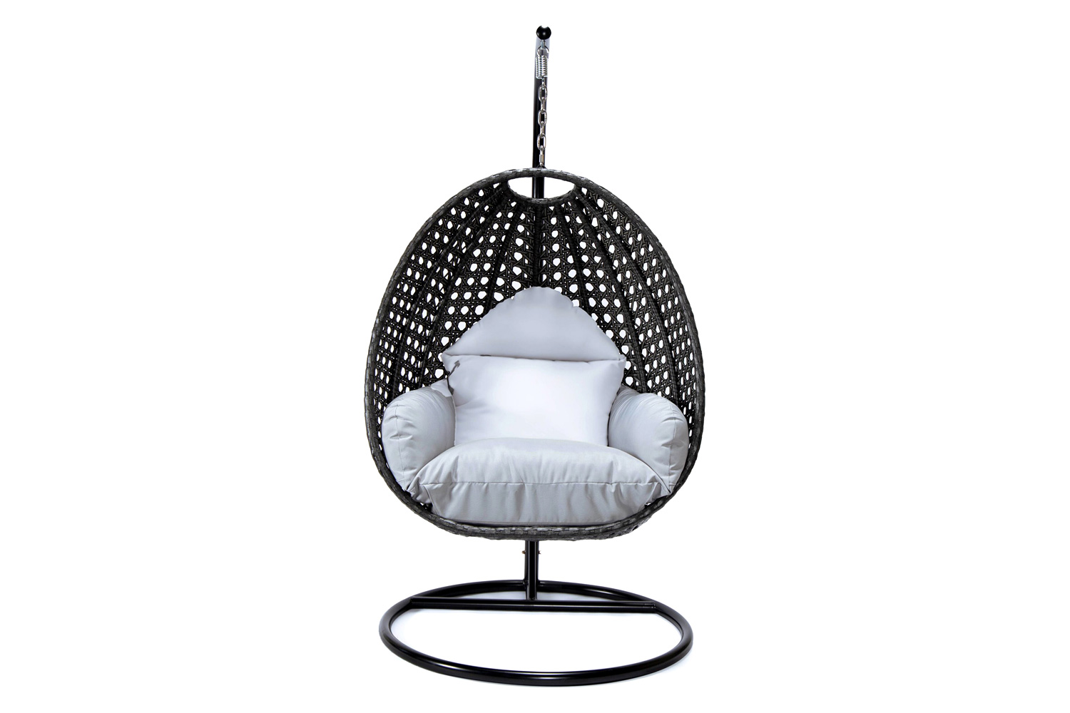 LeisureMod Charcoal Wicker Hanging Single Egg Swing Chair with Cushions - Light Gray