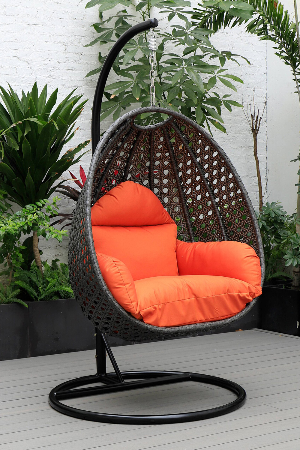 LeisureMod Charcoal Wicker Hanging Single Egg Swing Chair with Cushions - Orange