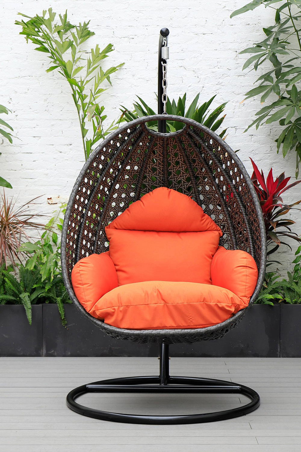 LeisureMod Charcoal Wicker Hanging Single Egg Swing Chair with Cushions - Orange