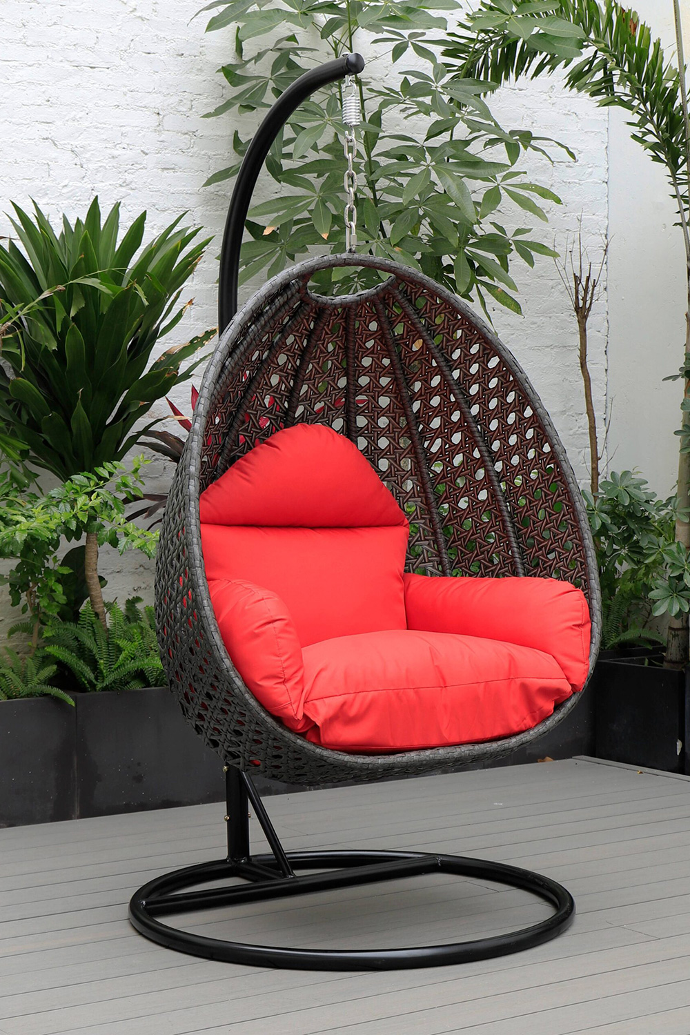 LeisureMod Charcoal Wicker Hanging Single Egg Swing Chair with Cushions - Red