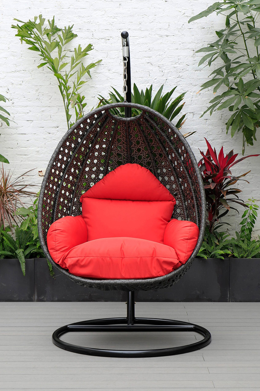 LeisureMod Charcoal Wicker Hanging Single Egg Swing Chair with Cushions - Red