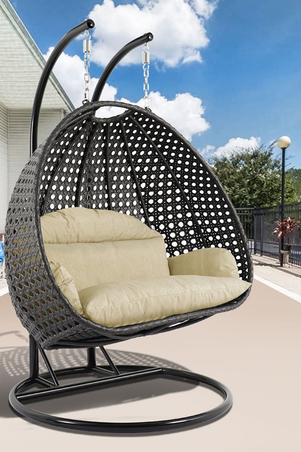 LeisureMod Modern Charcoal Wicker Hanging Double Seater Egg Swing Chair - Beige