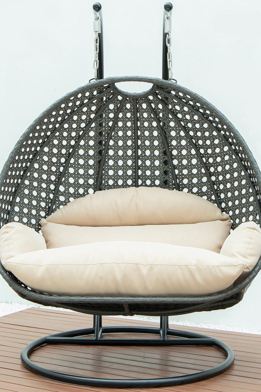 LeisureMod Modern Charcoal Wicker Hanging Double Seater Egg Swing Chair - Beige