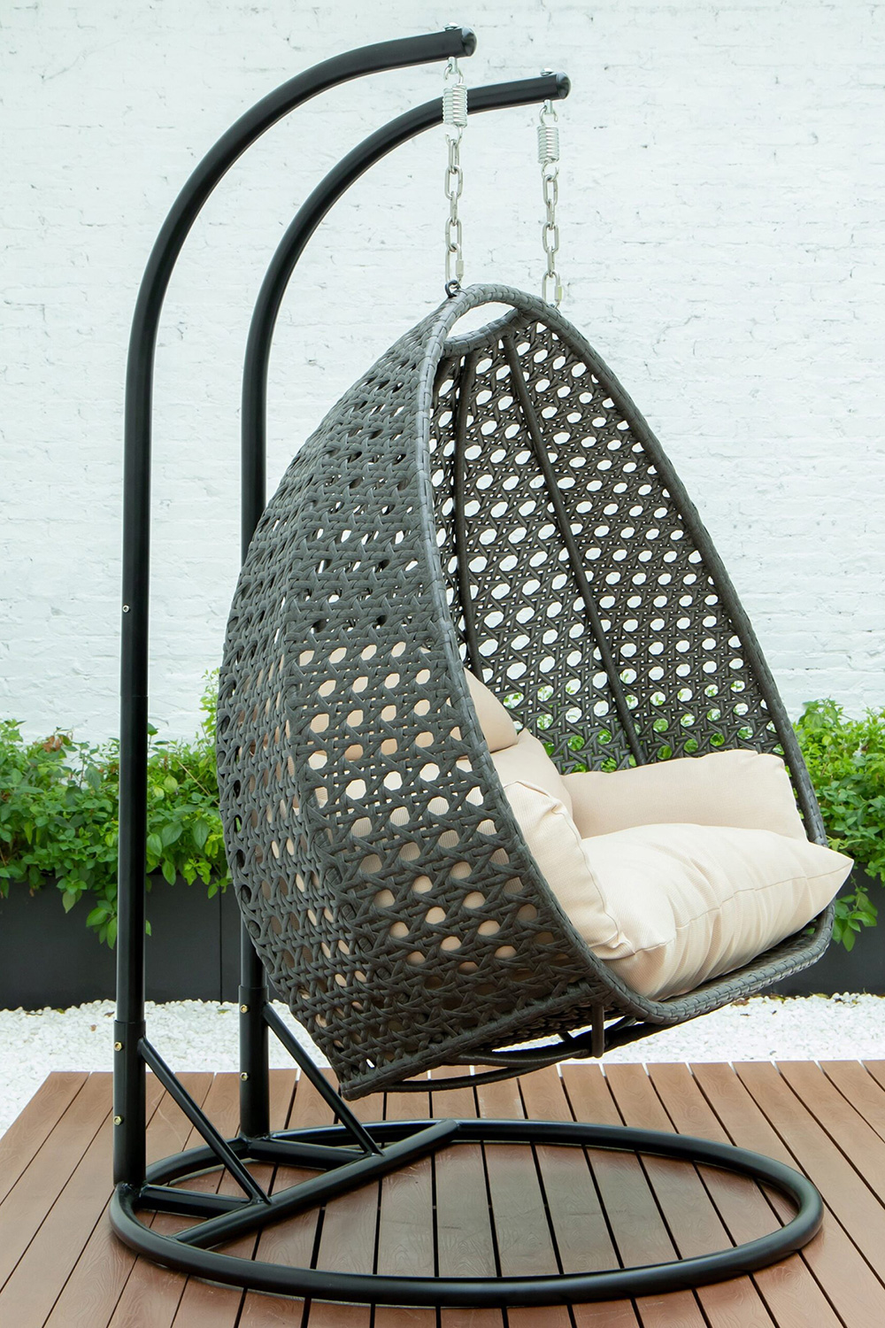 LeisureMod Modern Charcoal Wicker Hanging Double Seater Egg Swing Chair - Beige