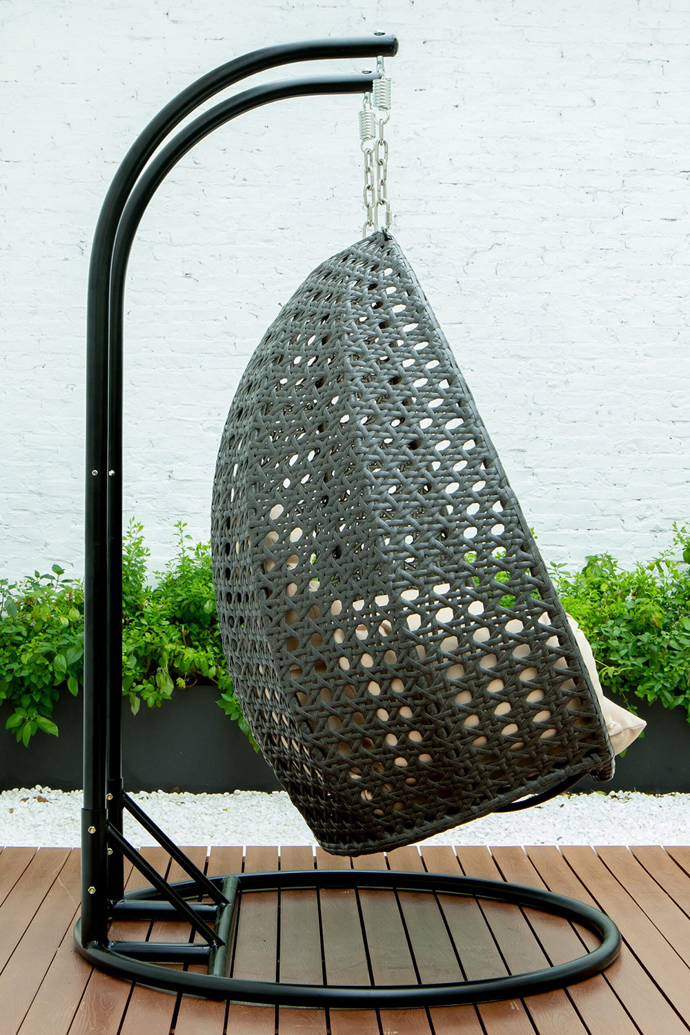 LeisureMod Modern Charcoal Wicker Hanging Double Seater Egg Swing Chair - Beige