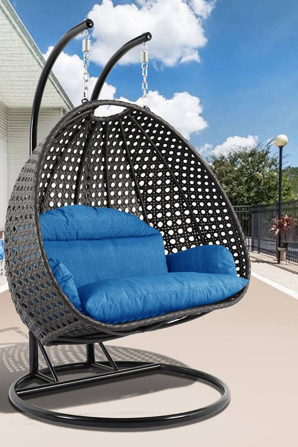 LeisureMod Modern Charcoal Wicker Hanging Double Seater Egg Swing Chair - Blue