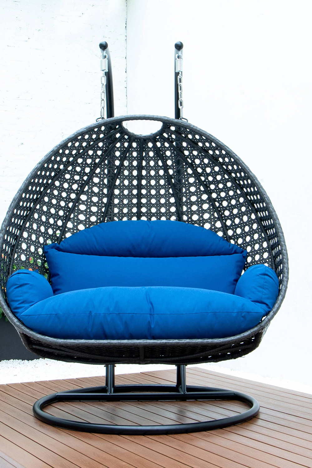 LeisureMod Modern Charcoal Wicker Hanging Double Seater Egg Swing Chair - Blue