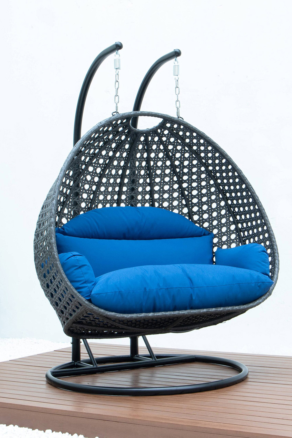 LeisureMod Modern Charcoal Wicker Hanging Double Seater Egg Swing Chair - Blue