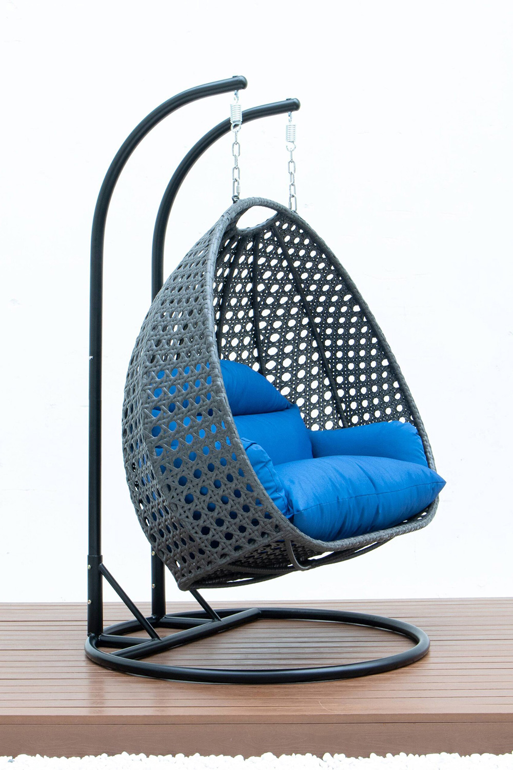 LeisureMod Modern Charcoal Wicker Hanging Double Seater Egg Swing Chair - Blue