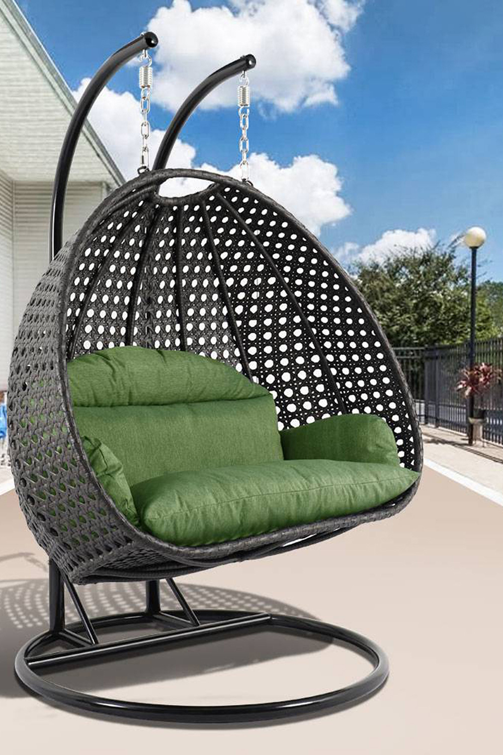 LeisureMod Modern Charcoal Wicker Hanging Double Seater Egg Swing Chair - Dark Green