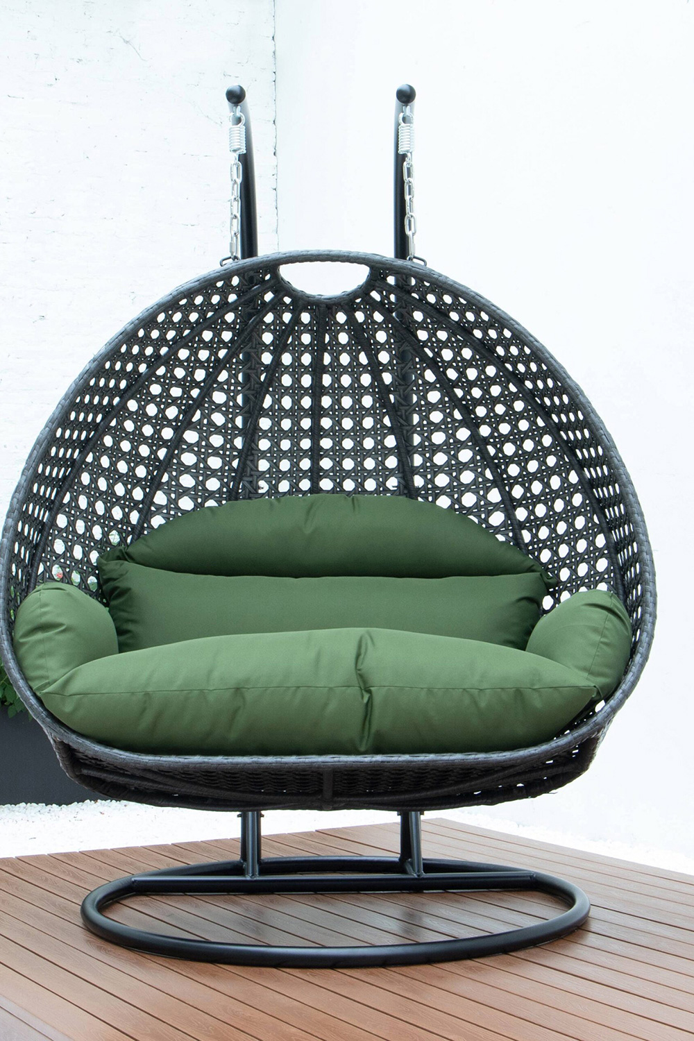 LeisureMod Modern Charcoal Wicker Hanging Double Seater Egg Swing Chair - Dark Green