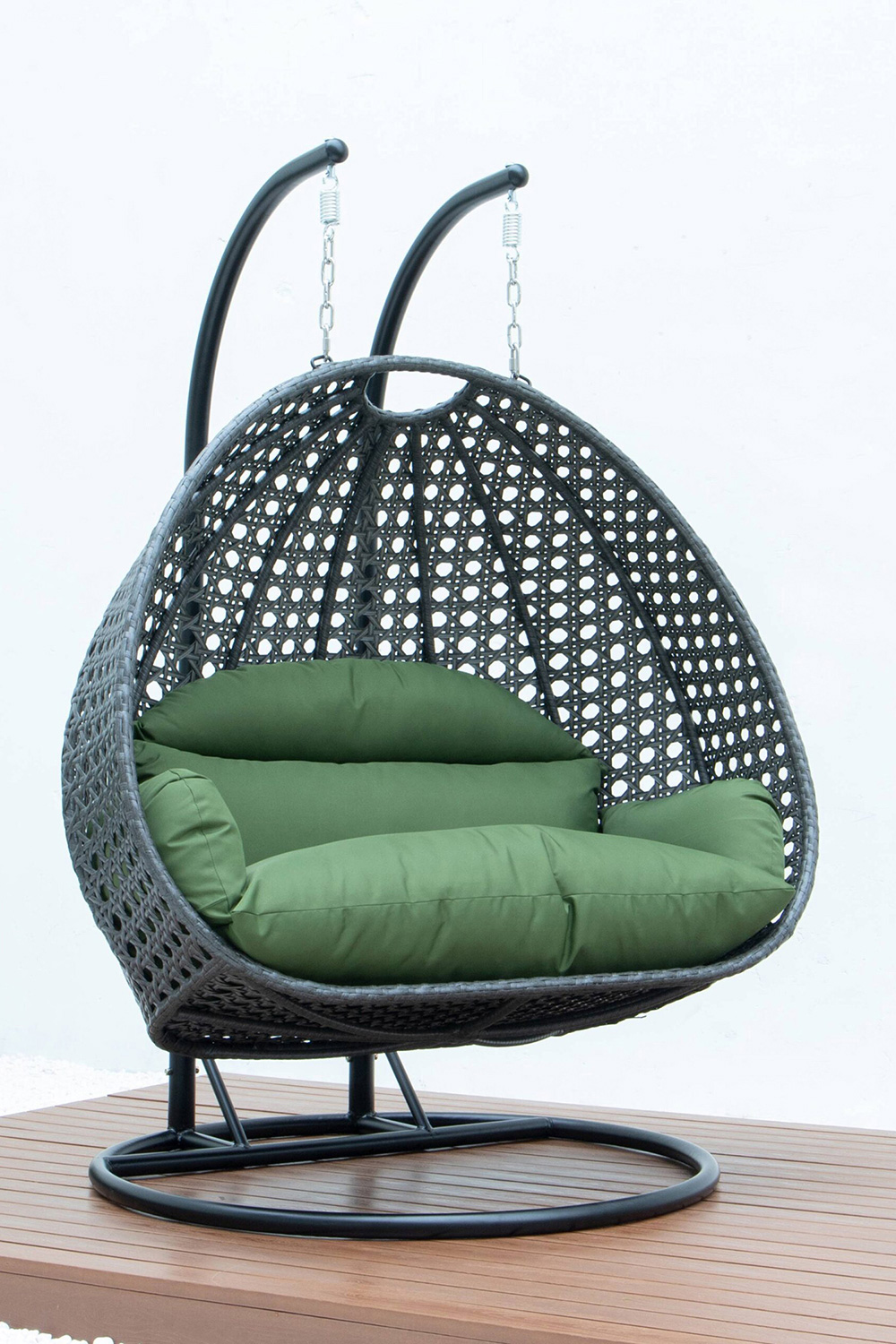 LeisureMod Modern Charcoal Wicker Hanging Double Seater Egg Swing Chair - Dark Green