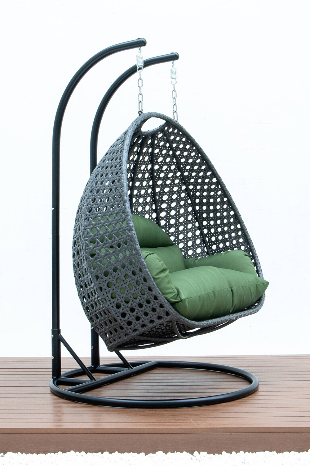 LeisureMod Modern Charcoal Wicker Hanging Double Seater Egg Swing Chair - Dark Green