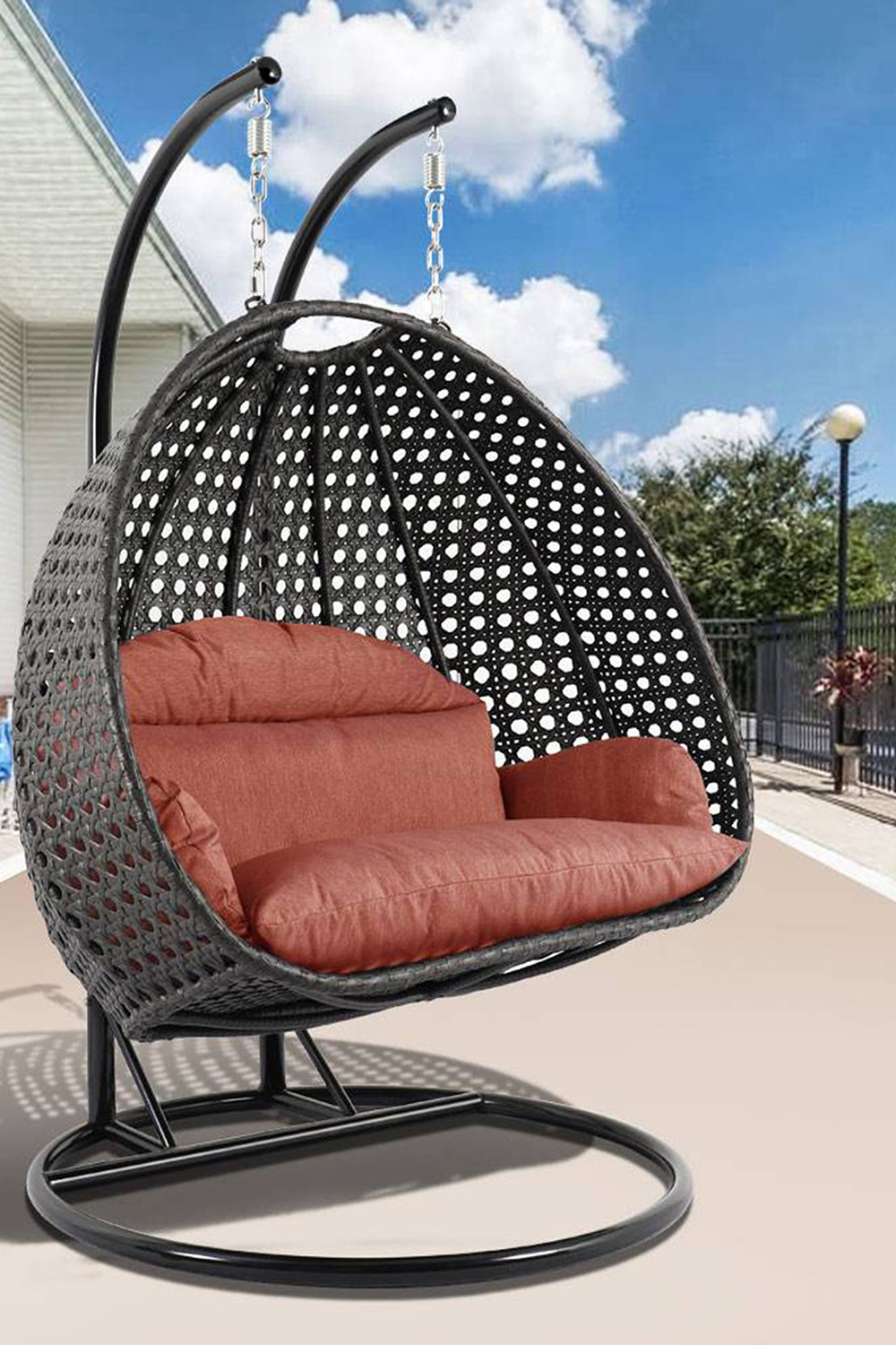 LeisureMod Modern Charcoal Wicker Hanging Double Seater Egg Swing Chair - Dark Orange