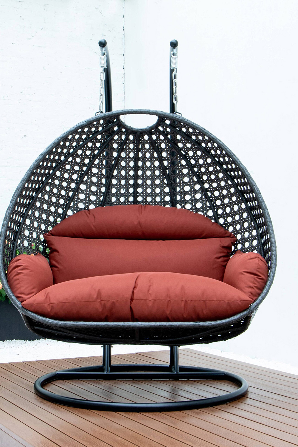 LeisureMod Modern Charcoal Wicker Hanging Double Seater Egg Swing Chair - Dark Orange