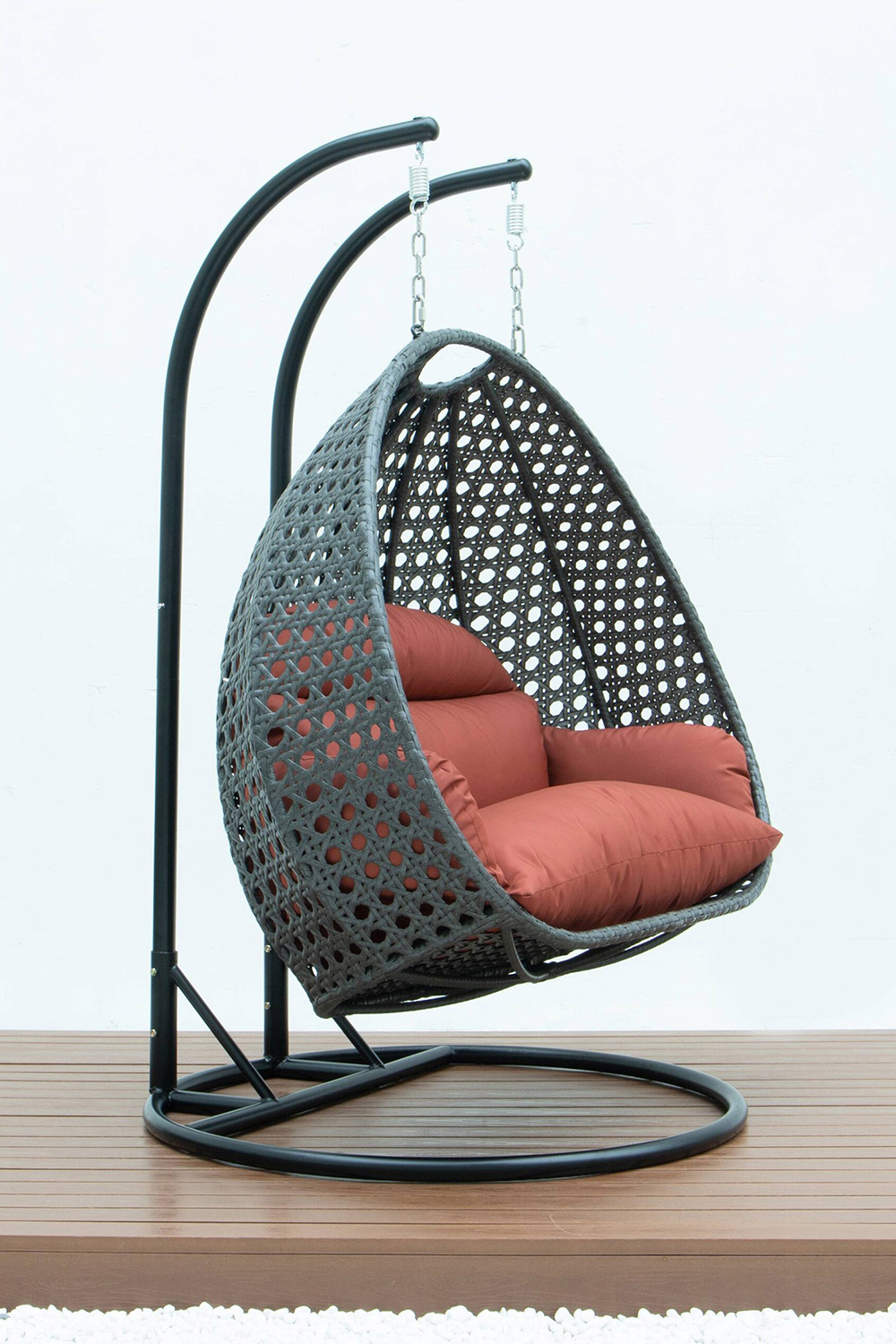 LeisureMod Modern Charcoal Wicker Hanging Double Seater Egg Swing Chair - Dark Orange